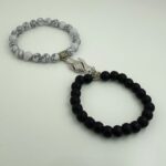 Stylish Matt Black Onyx & White Stone & Bead Couple Friendship Bracelet