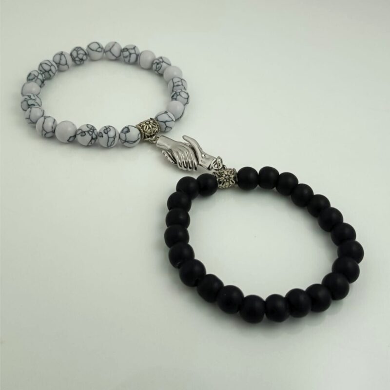 Stylish Matt Black Onyx & White Stone & Bead Couple Friendship Bracelet