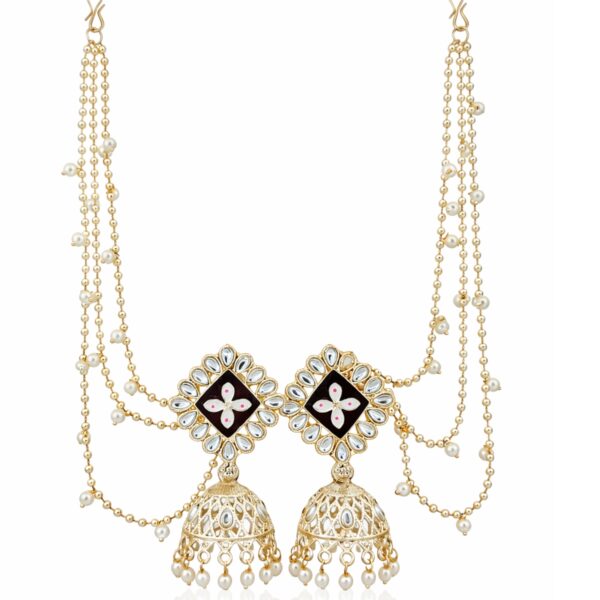 Elegant Silver Kundan Jhumka Earrings with Ear Chain, Pearl & Beads