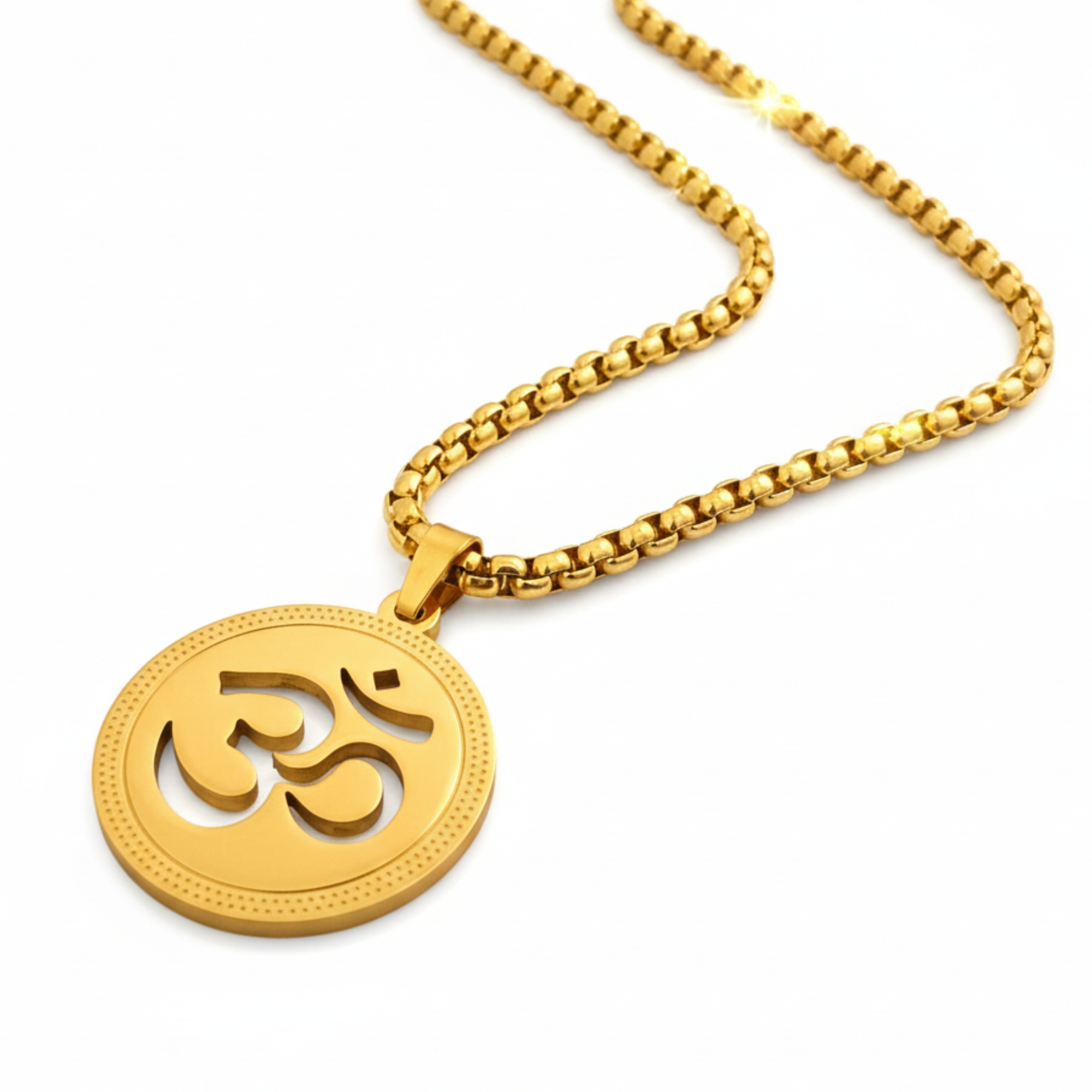 Gold Om Cutout Circular Pendant with Box Chain for Men.