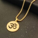 Gold Om Cutout Circular Pendant with Box Chain for Men