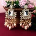 AuraSpark Gold Kundan Mirror Earrings with Pearl Drops.