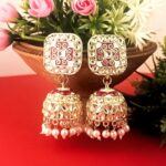 Handcrafted Red Meenakari Jhumkas with Kundan Stones