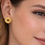 Textured Round Gold Stud Earrings with Square Center Hole