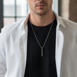 AuraSpark Mens Silver Vertical Bar Pendant on Box Chain