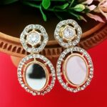 Gold plated drop earrings with white oval stone halo