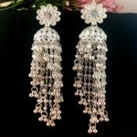 Traditional Indian Silver Jhumki with Hanging White Beads