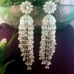 AuraSpark Silver Jhumka Earrings with Pearl Tassel Fringe