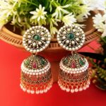 AuraSpark Gold Jhumka Earrings with Green Stones and Pearl