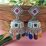 Bohemian Crystal Bell Drop Earrings with Pink and Green Beads.