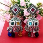 Traditional Indian Silver Plated Jhumkas with Colorful Stones