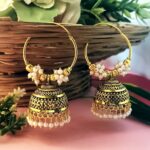 AuraSpark Gold Toned Bali Jhumka Earrings with White Pearls