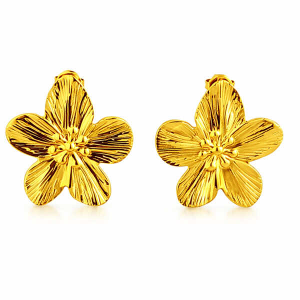 Dainty Textured Hibiscus Floral Gold Statement Earrings