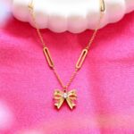 18K Gold Plated Bow Pendant Necklace with geometric chain for Women