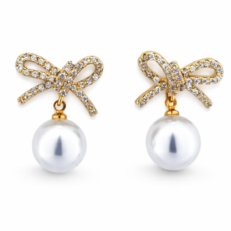 18K Gold Plated Anti-Tarnish Bow & Pearl Drop Earrings for Women