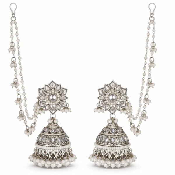 Bahubali Jhumka Earrings with Pearl Sahara Chains – Traditional Kundan