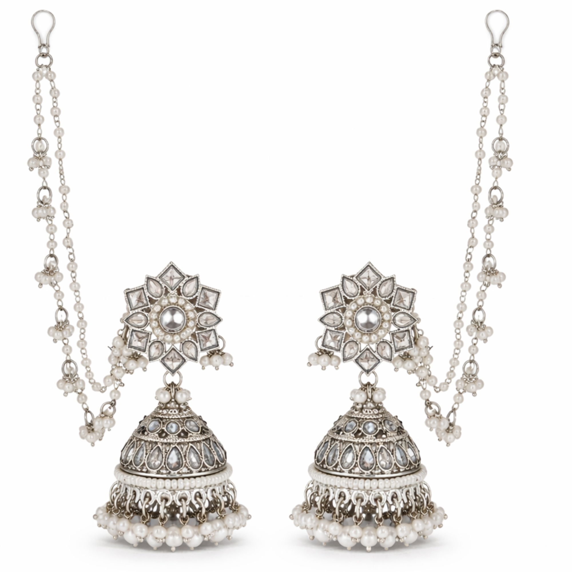 Bahubali Jhumka Earrings with Pearl Sahara Chains – Traditional Kundan