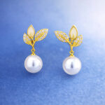 AuraSpark 18k gold plated leaf earrings with white pearl