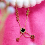 Minimalist black onyx style clover pendant necklace gold