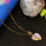 AuraSpark Lavender Enamel Heart Necklace with Gold Floral Detail