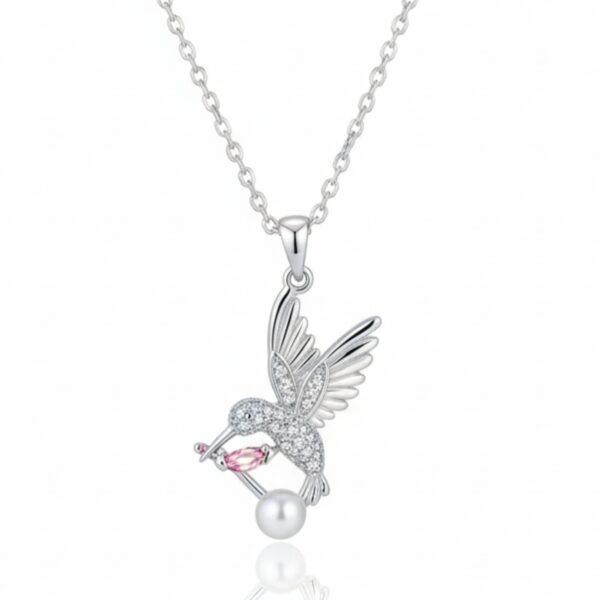 Elegant Silver Tone humming Bird with Pearl & Crystal Charm Necklace for Women