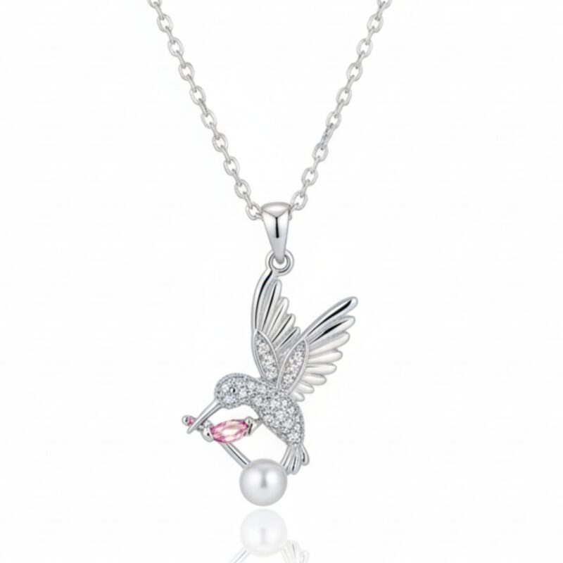 Elegant Silver Tone humming Bird with Pearl & Crystal Charm Necklace for Women