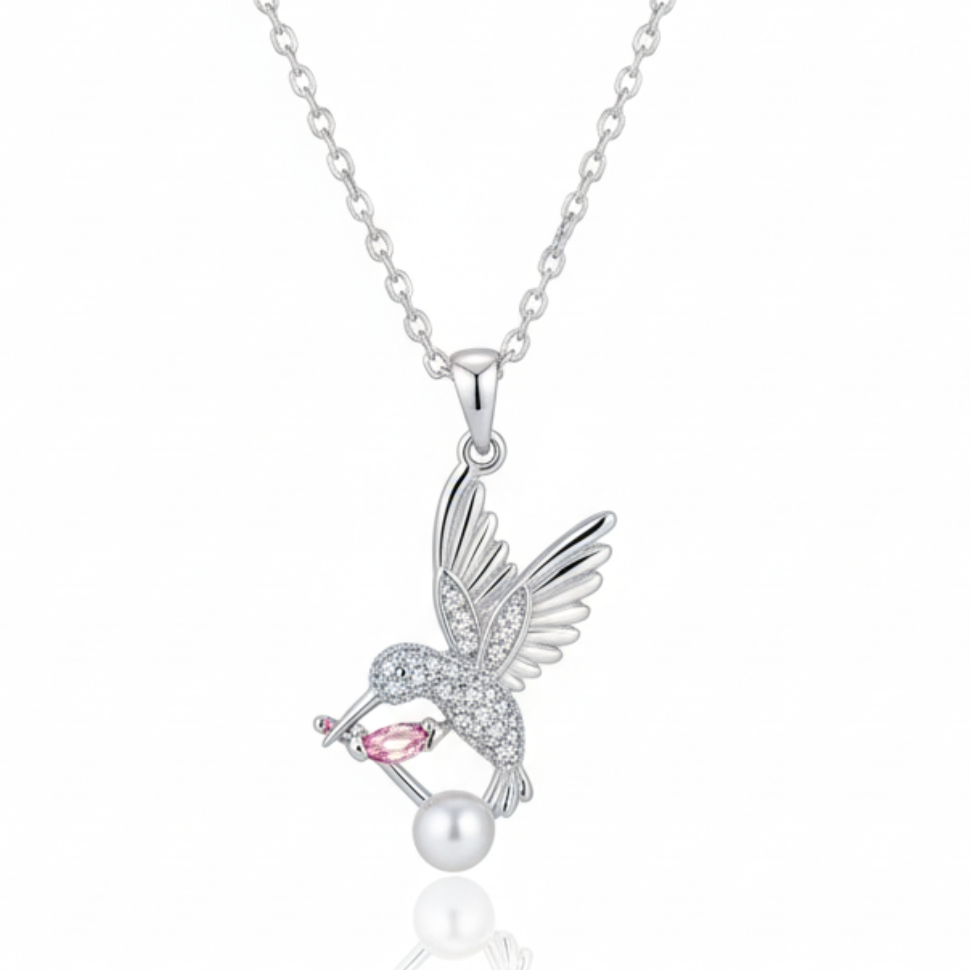Elegant Silver Tone humming Bird with Pearl & Crystal Charm Necklace for Women