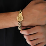 AuraSpark gold plated Om bracelet for men with dotted detailing