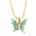 Elegant Butterfly Pendant with Blue Enamel & Pearl Design Chain for Women