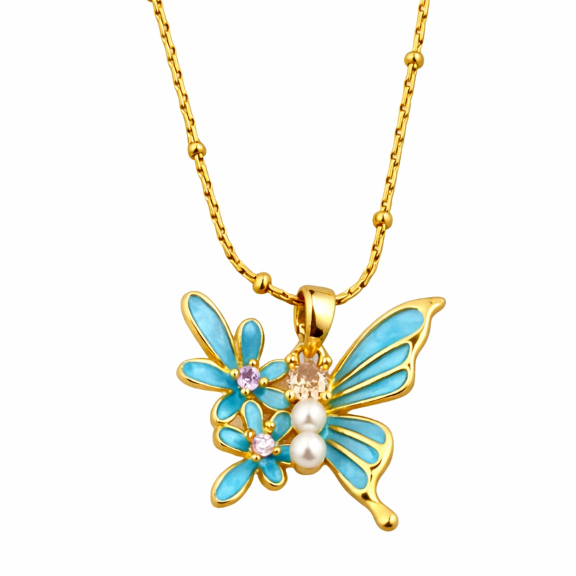 Elegant Butterfly Pendant with Blue Enamel & Pearl Design Chain for Women