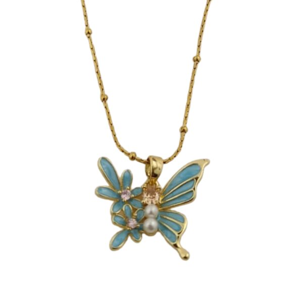 Elegant Butterfly Pendant with Blue Enamel & Pearl Design Chain for Women