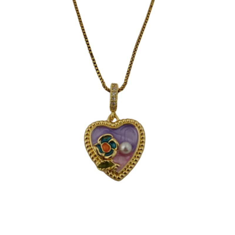 Elegant Golden Heart Necklace with Purple Enamel & Flower for Women