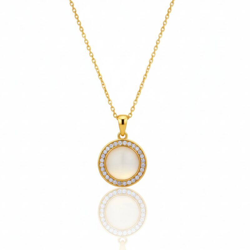 Classic Gold Pendant Necklace with Round Glossy Stone for Women