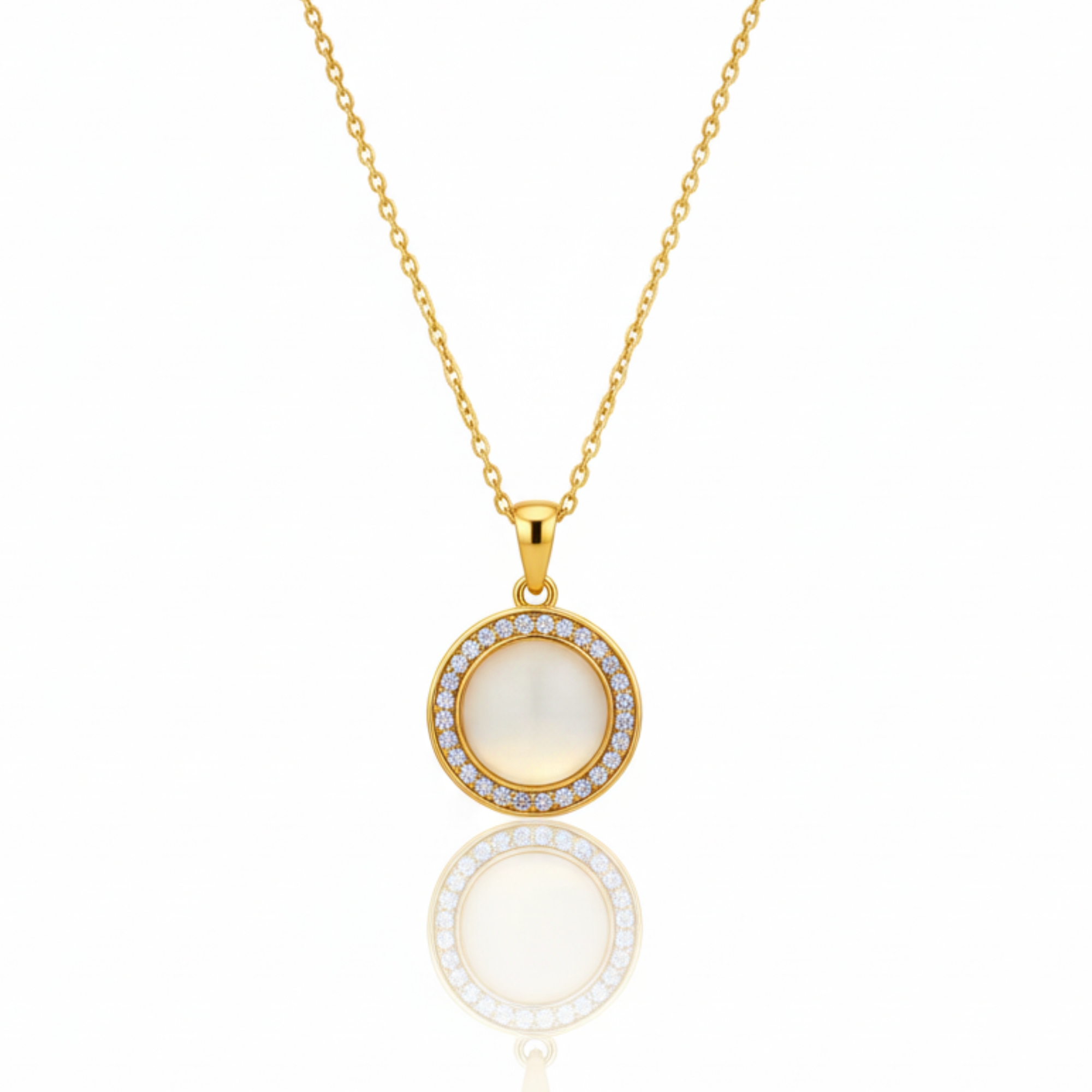 Classic Gold Pendant Necklace with Round Glossy Stone for Women