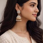 Close-up of AuraSpark gold Jhumkis with intricate pearl detailing