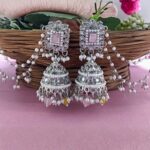 AuraSpark Silver Jhumka Earrings with Pearl Ear Chains.