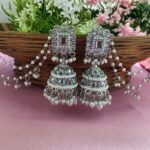Bahubali Style Silver Jhumki Earrings with White Beads