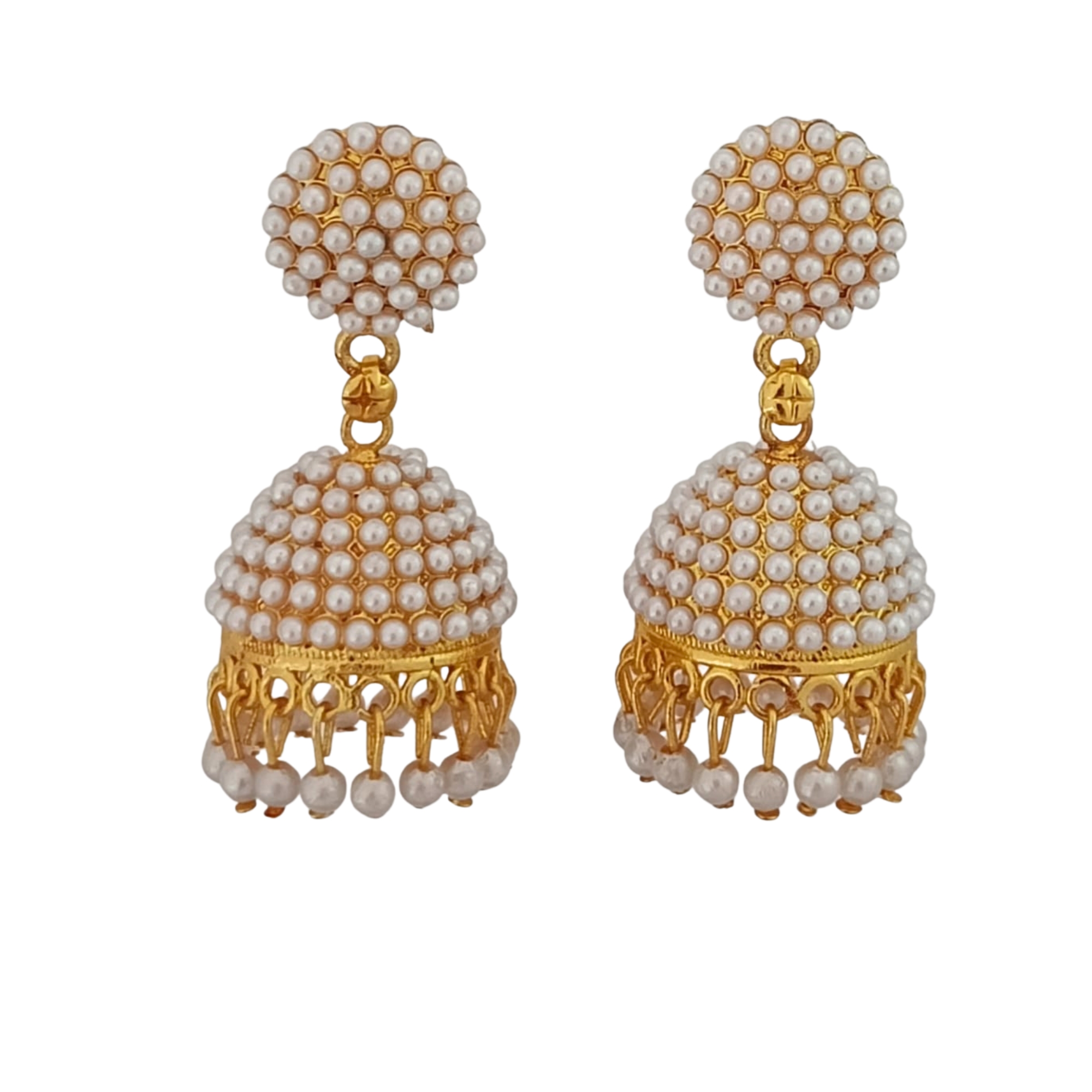 Beautiful Pearl Studded Gold Tone Jhumka Earrings for Women