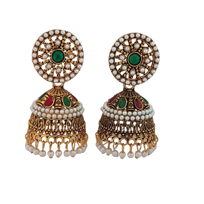 Gold Finish Jhumka Earring with Green stones & Pearl Studded