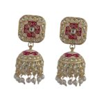 Stunning Gold Tone Kundan Jhumka Earrings with Red Enamel