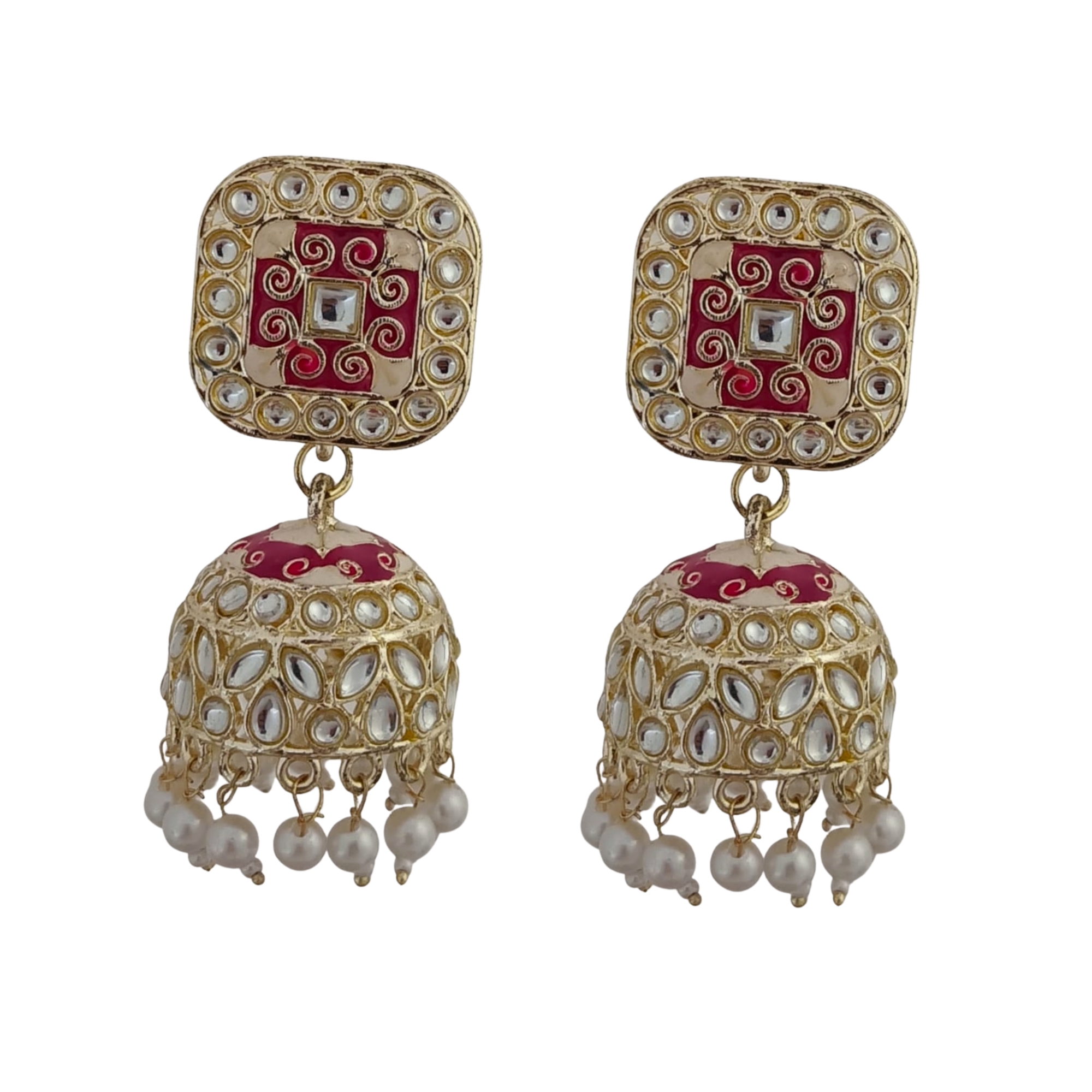 Stunning Gold Tone Kundan Jhumka Earrings with Red Enamel