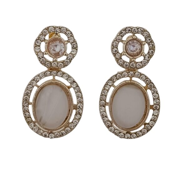 Stylish Gold Plated Drop Earrings with Crystal Stud & White Oval Stone