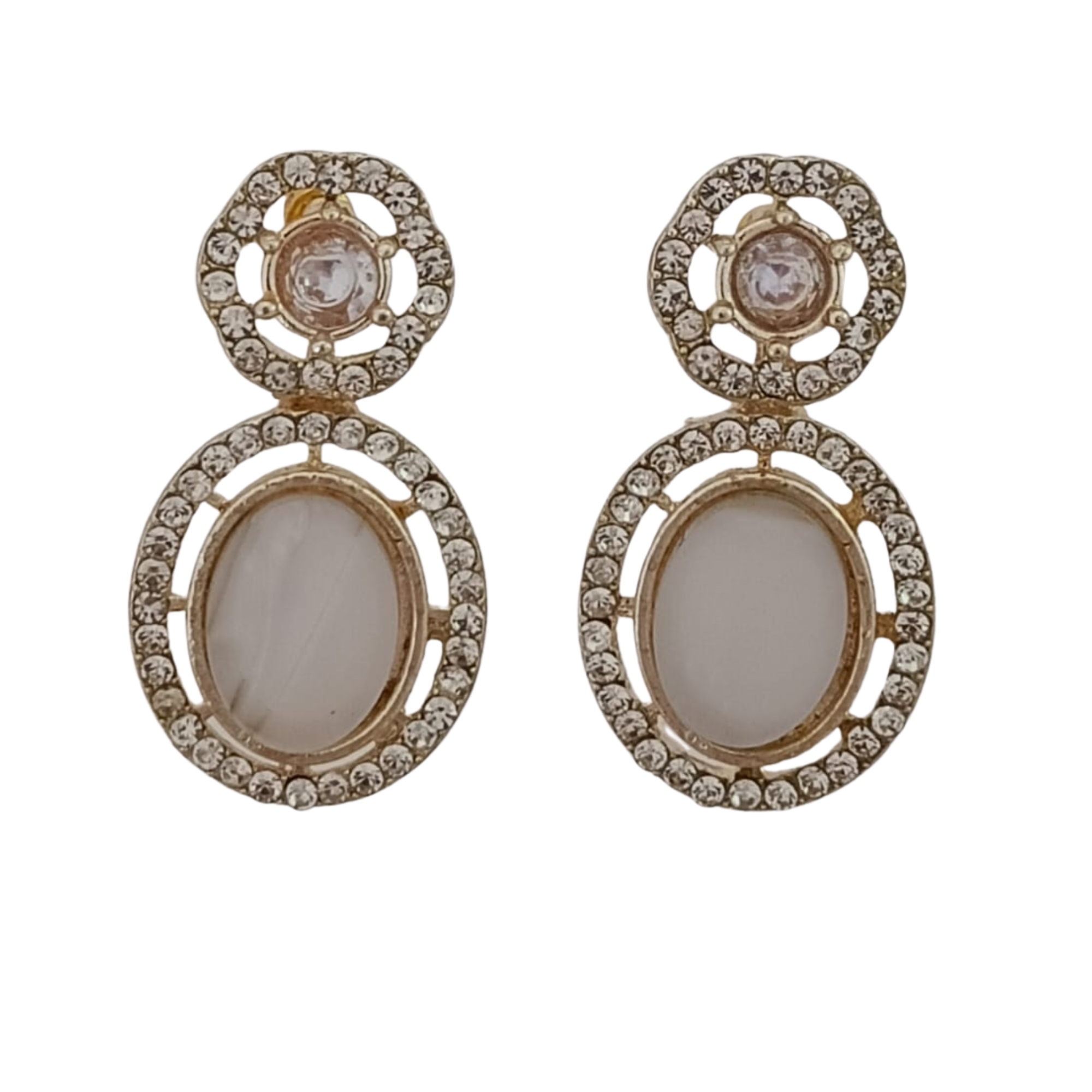 Stylish Gold Plated Drop Earrings with Crystal Stud & White Oval Stone