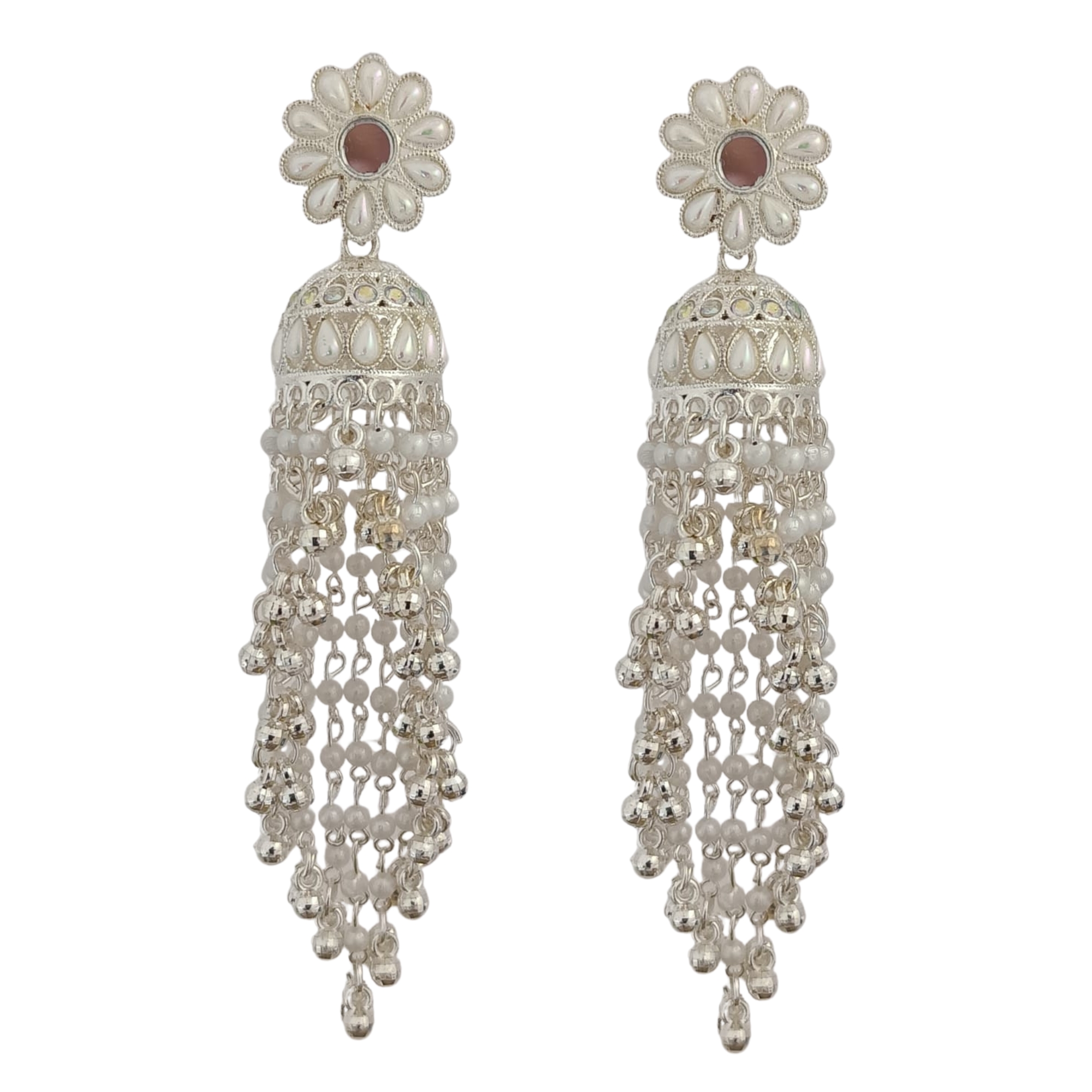 Traditional Silver Jhumka Earring with Beautiful Pearls & Beads danglers
