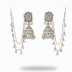 Elegant Silver Kundan Jhumka Earrings with Ear Chain, Pearl & Beads