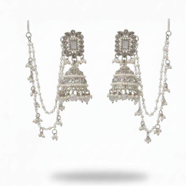 Elegant Silver Kundan Jhumka Earrings with Ear Chain, Pearl & Beads