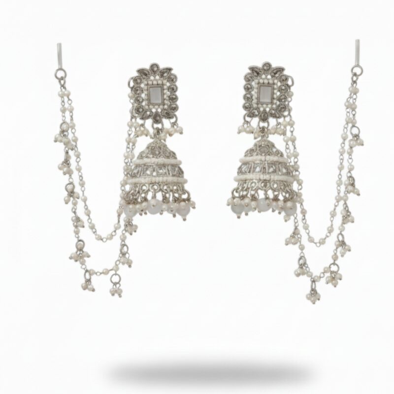 Elegant Silver Kundan Jhumka Earrings with Ear Chain, Pearl & Beads