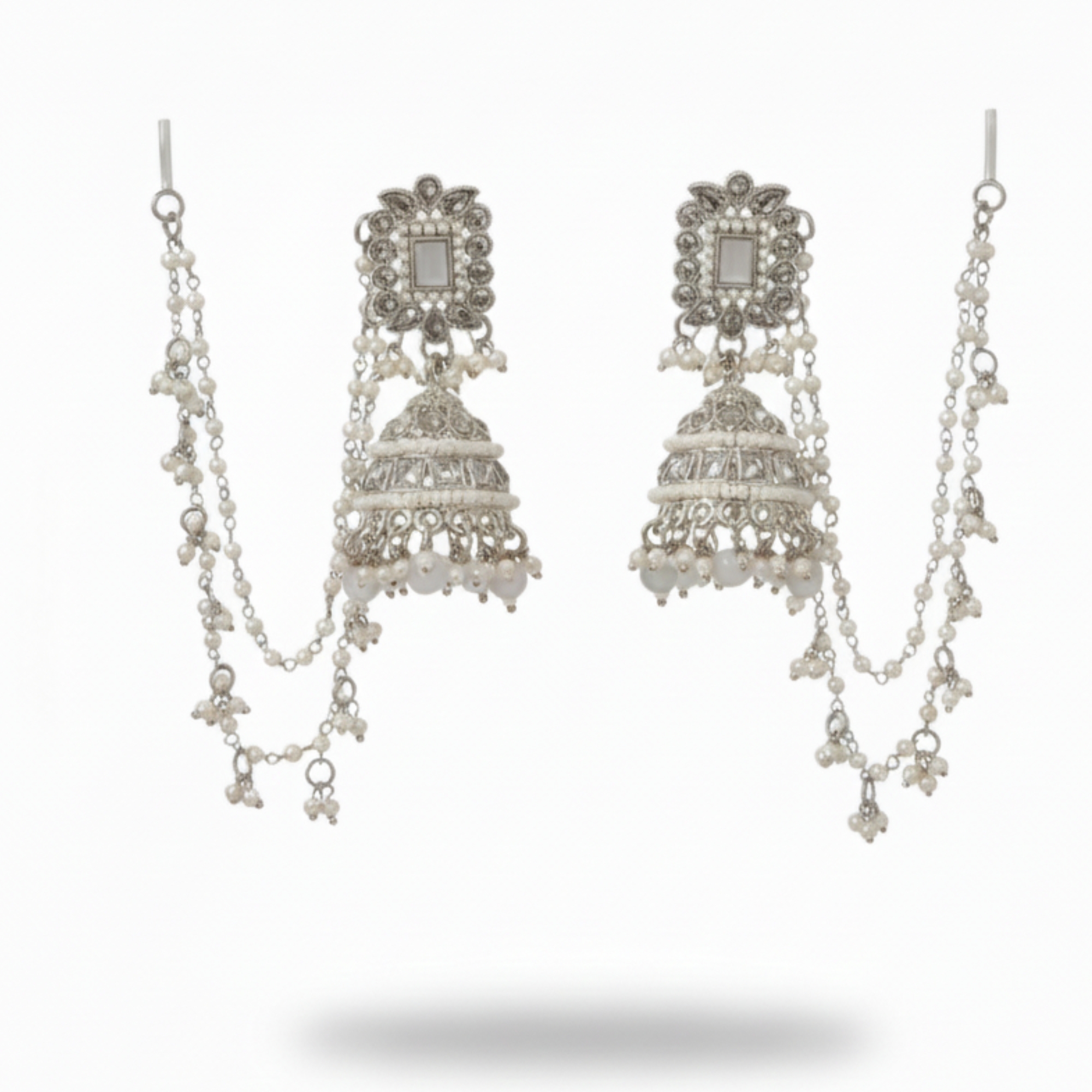Elegant Silver Kundan Jhumka Earrings with Ear Chain, Pearl & Beads