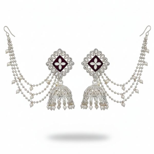 Elegant Silver Kundan Jhumka Earrings with Ear Chain, Pearl & Beads