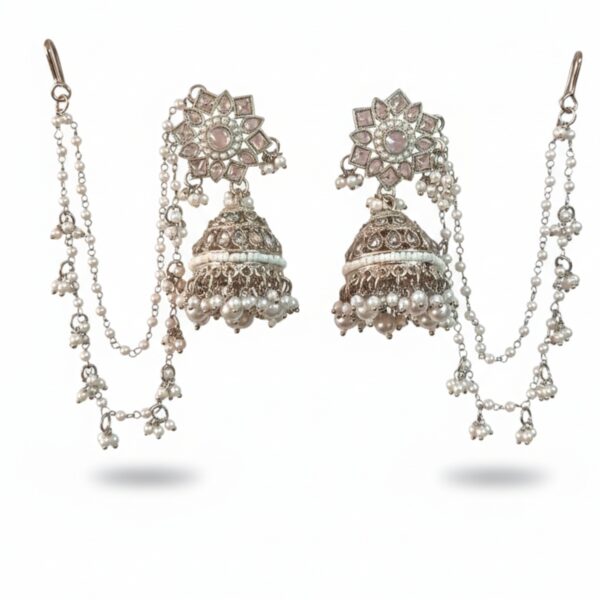 Silver Bahubali Jhumka Earrings with Pearl Sahara Chains